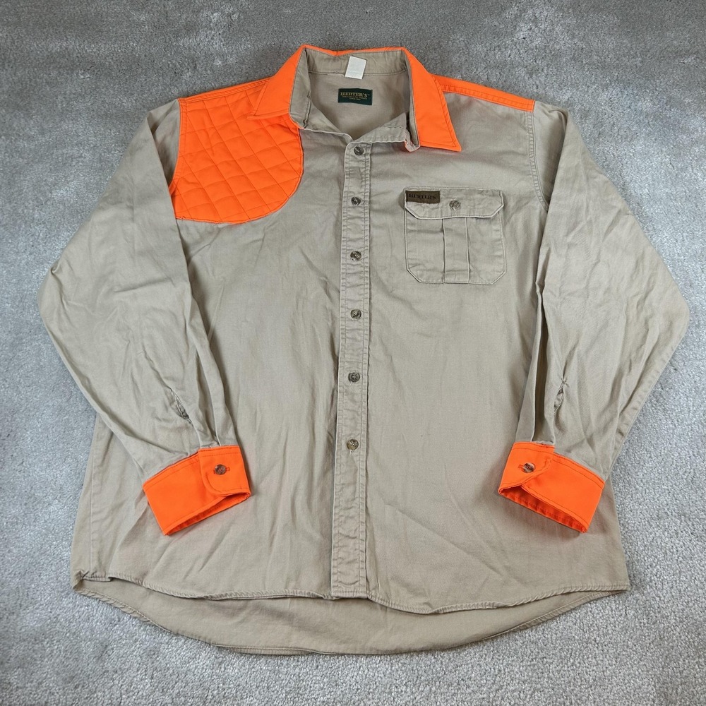 Herter's Shirt Mens XL Beige Twill Blaze Orange Quilted Shoulder Hunting Outdoor